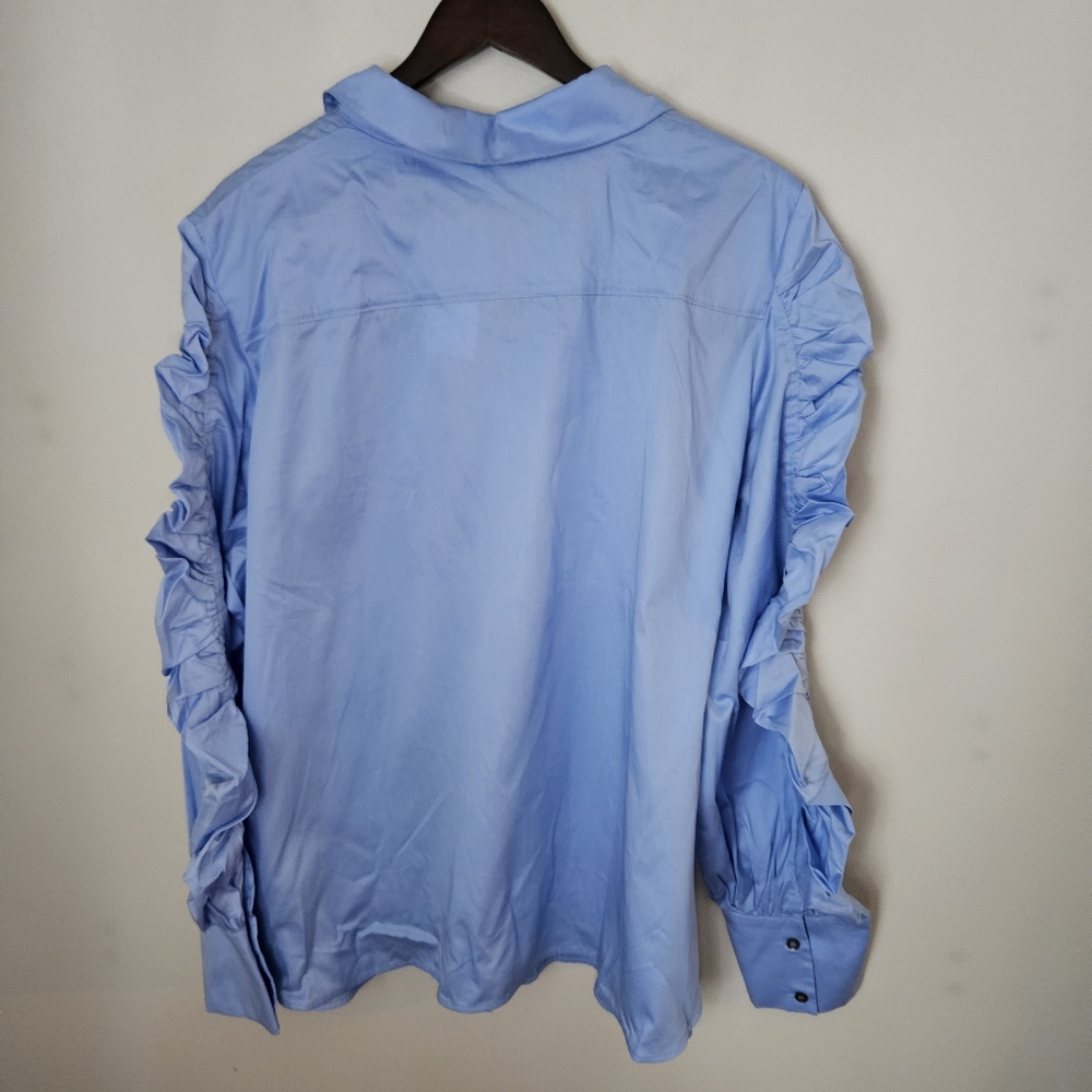 Harshman Blouse Juliana Light Blue Ruffled Sleeve Button-Up Shirt Cotton Classic - Picture 6 of 13